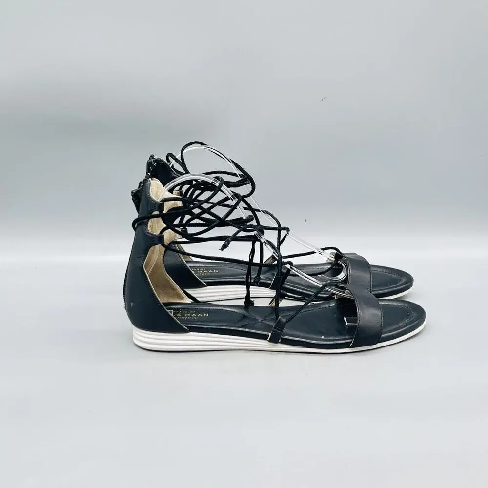 Cole Haan Sandals Womens 8 Black Leather Signature Gladiator Lace Up Zip Shoes